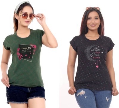 JUST LOVE Casual Printed Women Green, Black Top