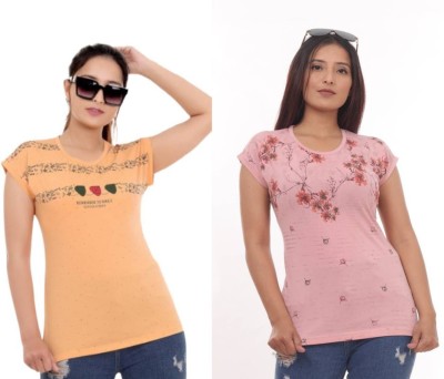 JUST LOVE Casual Printed Women Pink, Orange Top