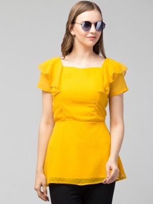 OrangeSpot Casual Self Design Women Yellow Top