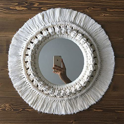 THE TOP KNOTT Macrame Hanging Wall Mirror with Macrame Round Mirror Art Boho Decor Macrame(White)
