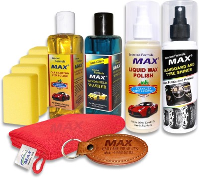 MAX Supreme Car Care Kit includes Dashboard & Tyre Shiner 200 ml, Liquid Wax Polish 200 ml, Windshield Washer 200 ml, Car Shampoo 200 ml, Foam applicator - 2 Pcs, Microfiber Cloth - 1 Pc Combo