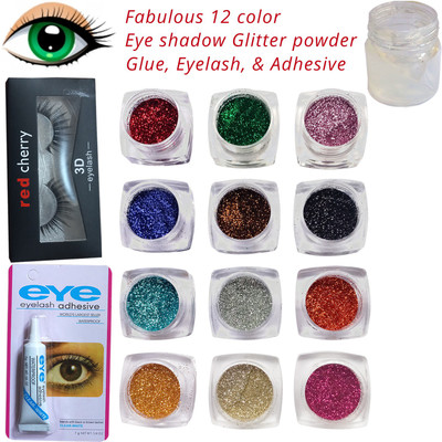 vizo Fabulous 12 color eyeshadow glitter powder + Glue + Artificial eyelash + Adhesive(15 Items in the set)