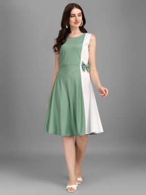 Kinjo Women Fit and Flare Light Green, White Dress