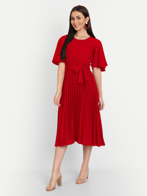 starword Women Pleated Red Midi/Calf Length Dress