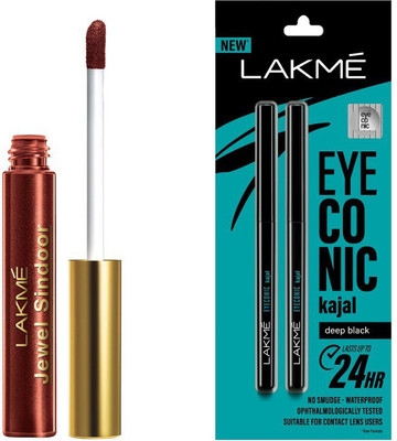 Lakmé Eyeconic Twin Kajal and Maroon Jewel Sindoor (Black, 12 g)