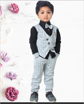 STAR WORLD Baby Boys & Baby Girls Party(Festive) Jacket Pant, Bow Tie(BLACK-GREY)