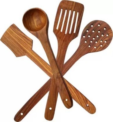 DEE Sons Wooden Spatula Non Stick Cooking Spoons Set of 4 Brown Kitchen Tool Set Kitchen Tool Set(Brown, Spatula, Cooking Spoon)