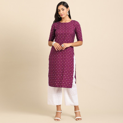 EthnicBasket Women Floral Print Straight Kurta(Purple)