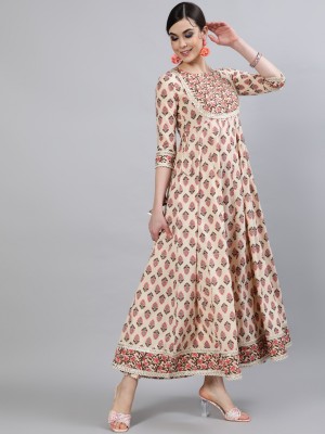 INDIE CLOSET Women Floral Print Anarkali Kurta(Beige)