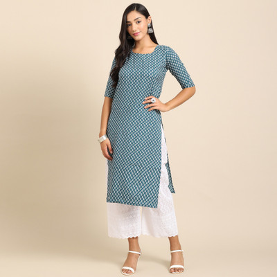 1 Stop Fashion Women Printed Straight Kurta(White, Blue)