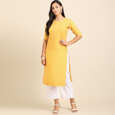 EthnicBasket Women Printed Straight Kurta(Yellow)