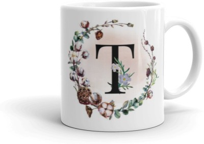 SENSY GIFTS Creative Colorful Floral Letter White Ceramic (Alphabet T) Ceramic Coffee Mug(350 ml)