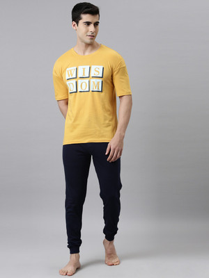 JOVEN Men Printed Yellow, White Top & Pyjama Set