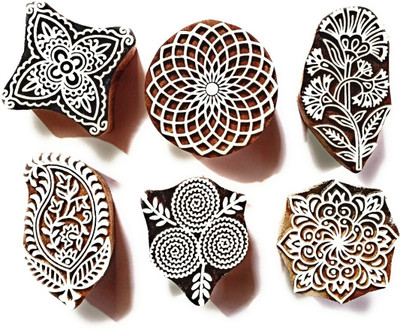 KN BlockWala Wooden block stamps handcarved totally ( 2 to 3 inch ) Printing Blocks(Pack of 6)