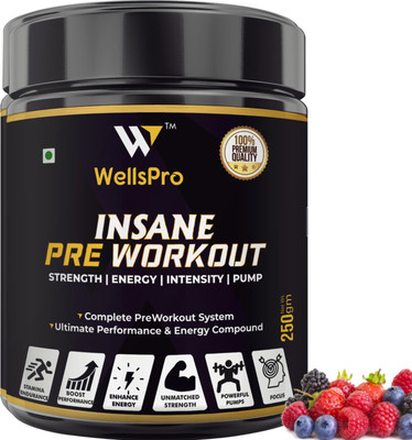 WellsPro Insane PreWorkout 250g [16 Servings] Ultimate Performance Energy & Intense Focus BCAA(250 g, Mix Berry)