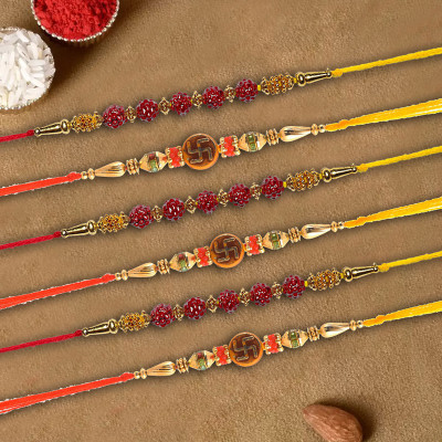 Rakhi Nation Thread R1-X3-W8-X3 Assorted Rakhi  Set(6 rakhi, Roli & Chawal, Greeting Card)