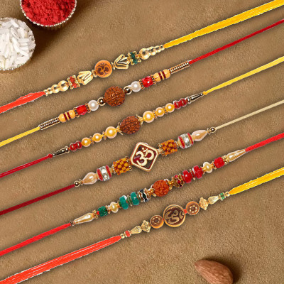 Rakhi Nation Thread O8-R3-O2-R2-R5-O11 Assorted Rakhi  Set(6 rakhi, Roli & Chawal, Greeting Card)