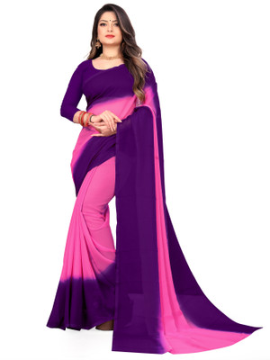 Anand Sarees Ombre, Striped, Solid/Plain Bollywood Georgette Saree(Purple, Pink)