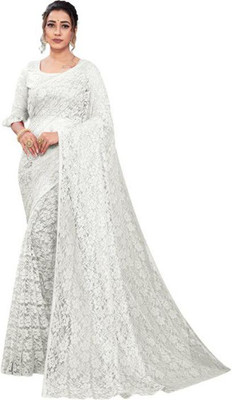 Aarya creation Self Design Bollywood Net Saree(White)