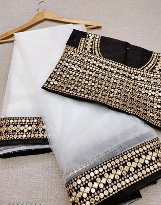 kraddle Embroidered Bollywood Net Saree(White)