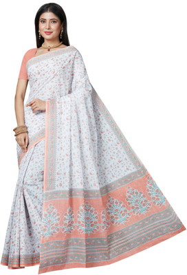 SHANVIKA Printed Daily Wear Pure Cotton Saree(White, Pink)