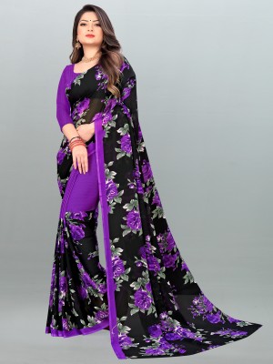 kashvi sarees Floral Print Daily Wear Georgette Saree(Purple, Black)