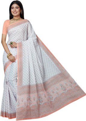 SHANVIKA Printed Daily Wear Pure Cotton Saree(White, Pink)