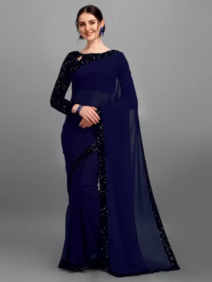 Shree Shyam Creation Solid/Plain Bollywood Georgette Saree(Blue)