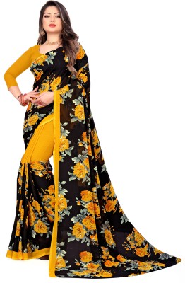 kashvi sarees Floral Print Bollywood Georgette Saree(Black, Yellow)