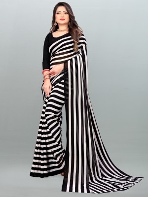 kashvi sarees Printed, Striped Daily Wear Georgette Saree(White, Black)