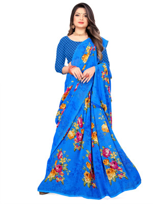 Anand Sarees Floral Print Bollywood Georgette Saree(Light Blue)