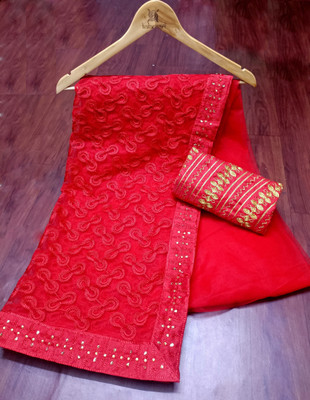 SILK SAREE HUB Embroidered Bollywood Net Saree(Red)