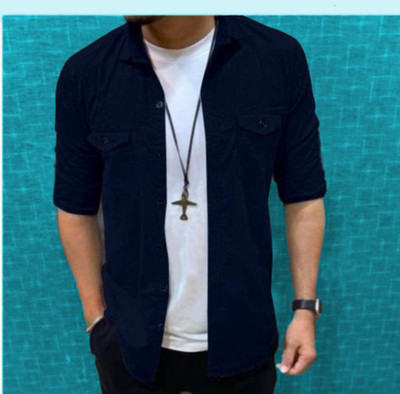 Noorify Men Solid Casual Dark Blue Shirt