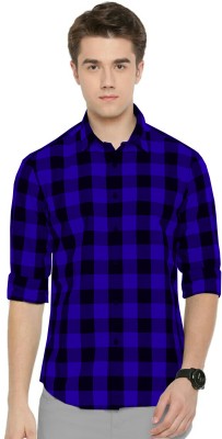 REHAN Men Checkered Casual Blue, Black Shirt