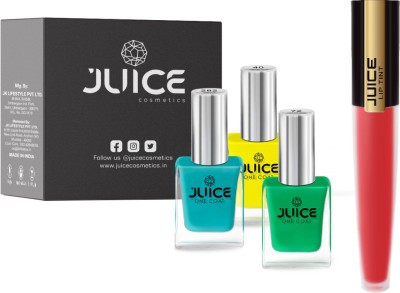 Juice | NAIL PAINT (BUMBLEBEE YELLOW-40 / LIGHT PINE GREEN-72 / ROBIN BLUE-282) & LIPTINT (RED PUNCH M-24) | WATERPROOF & LONG LASTING(4 Items in the set)