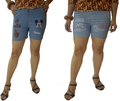 La Creacion Printed Women Denim Light Blue Denim Shorts