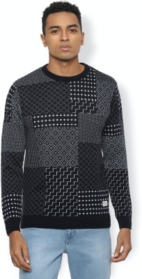 VAN HEUSEN Printed Round Neck Casual Men Black Sweater