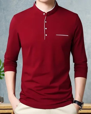 Noble Monk Solid Men Mandarin Collar Maroon T-Shirt