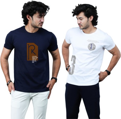 MAYUR CLOTHING Graphic Print Men Round Neck White, Navy Blue T-Shirt