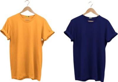 ICOVO Solid Men Round Neck Dark Blue, Yellow T-Shirt