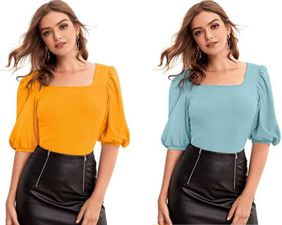 Dream Beauty Fashion Casual Solid Women Light Blue, Yellow Top