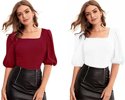 Dream Beauty Fashion Casual Solid Women White, Maroon Top
