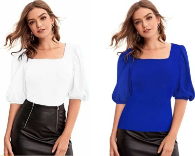 Dream Beauty Fashion Casual Solid Women White, Blue Top