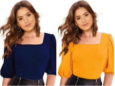 Dream Beauty Fashion Casual Solid Women Blue, Yellow Top