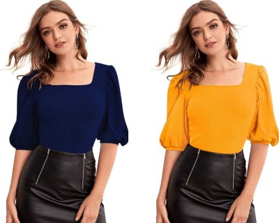 Dream Beauty Fashion Casual Solid Women Gold, Blue Top