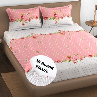 HIDECOR 250 TC Microfiber Double Floral Fitted (Elastic) Bedsheet(Pack of 1, Pink)