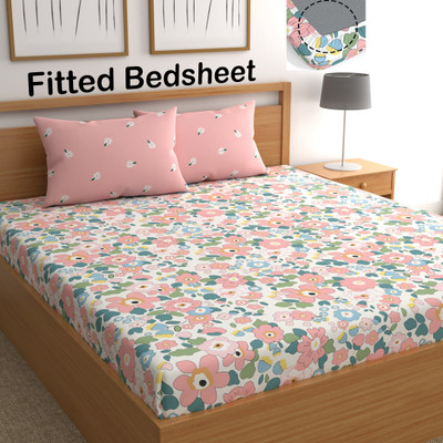 CHHAVI INDIA 210 TC Microfiber Double Printed Fitted (Elastic) Bedsheet(Pack of 1, Orange & Multicolor)