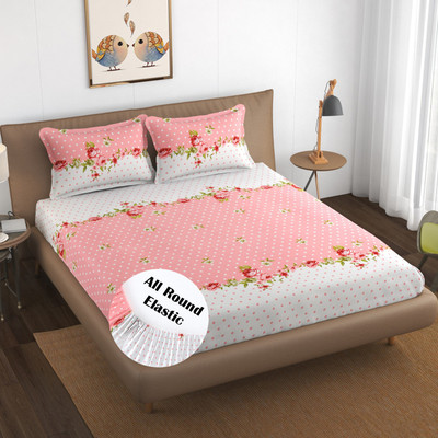revorg Polycotton Double Fitted (Elastic) 250 TC Floral Bedsheet(Pack of 1, Pink)