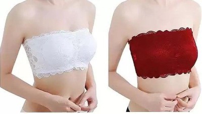 Fastdeal Women Bandeau/Tube Lightly Padded Bra(White, Maroon)