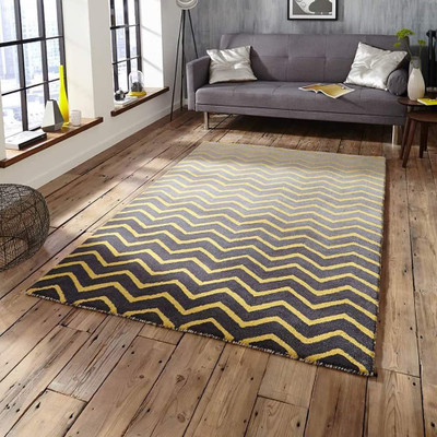 RM Handloom Black, Yellow Polyester Carpet(8 ft,  X 5 ft, Rectangle)